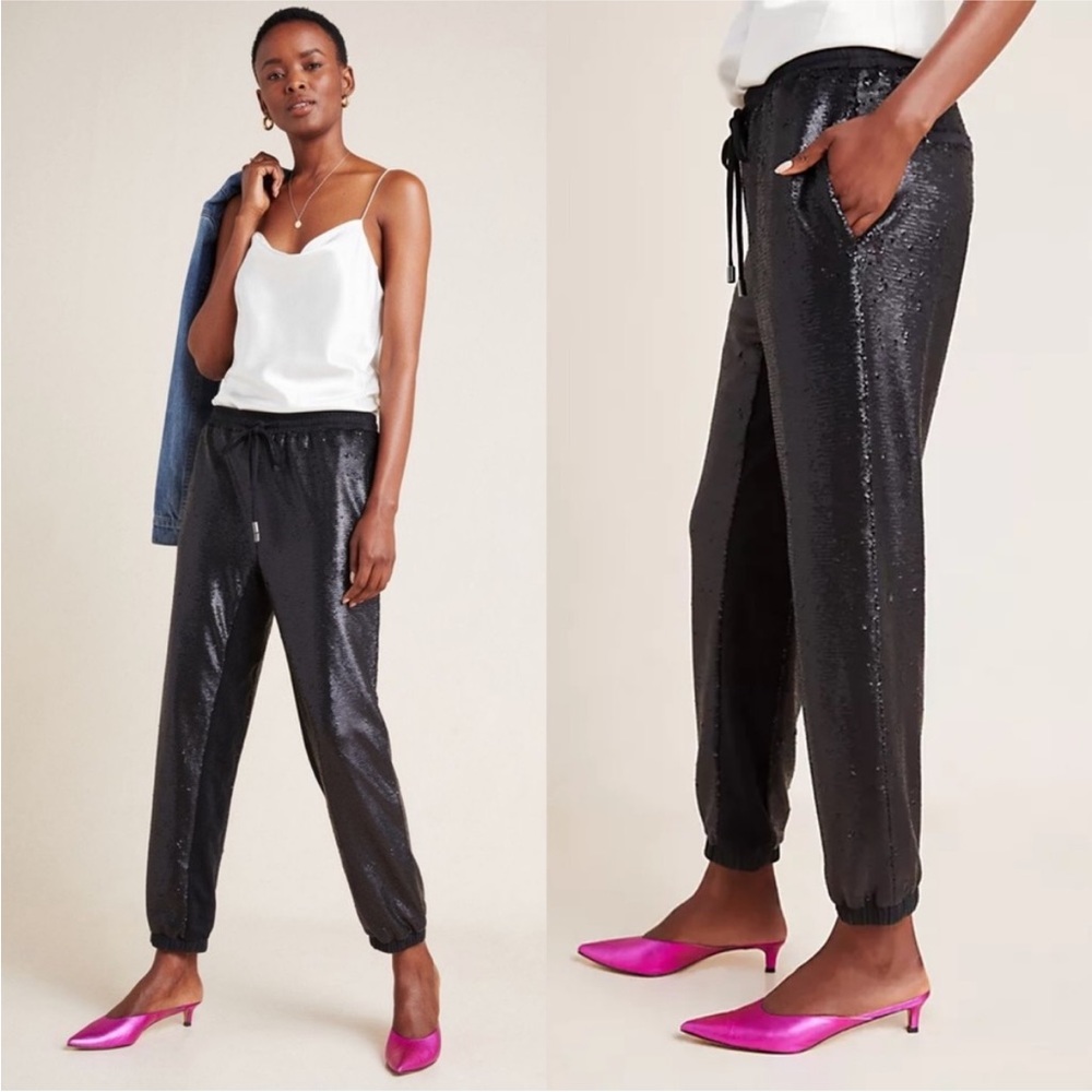 Anthropologie Maria Sequin‎ Joggers Faux Suede Trim Size Small